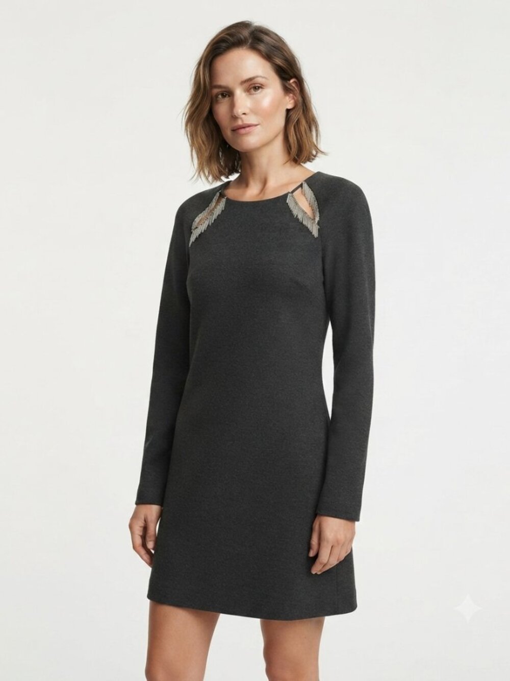 EVA KAYAN GREY METALLIC FRINGE SHIFT DRESS - XS